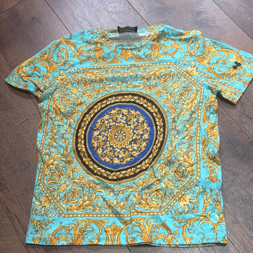 Versace Turquoise and Gold Baroque Tee